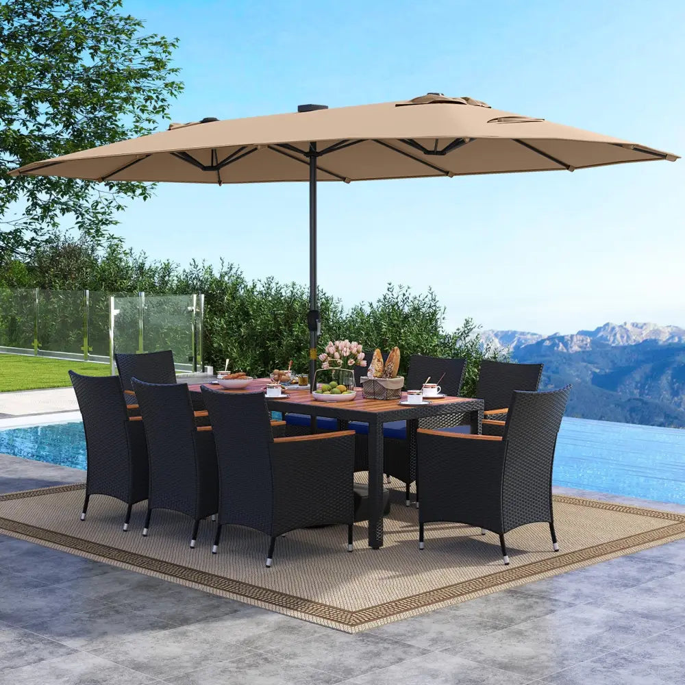 11 Pieces Patio Dining Set with LED Patio Umbrella with Base and Seat Cushions (Navy)-Coffee - Coffee - Patio Furniture