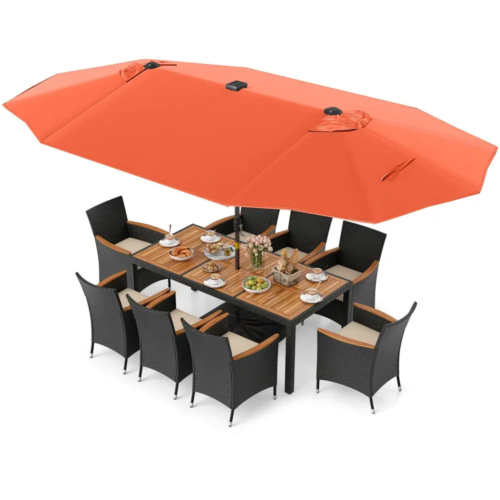 11 Pieces Patio Dining Set with LED Patio Umbrella with Base and Seat Cushions (Beige)-Orange - Orange - Patio Dining