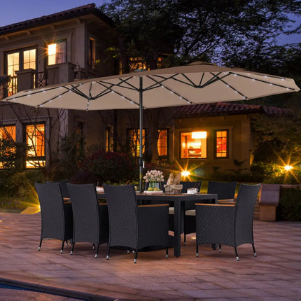 11 Pieces Patio Dining Set with LED Patio Umbrella with Base and Seat Cushions (Beige)-Coffee - Coffee - Patio Dining