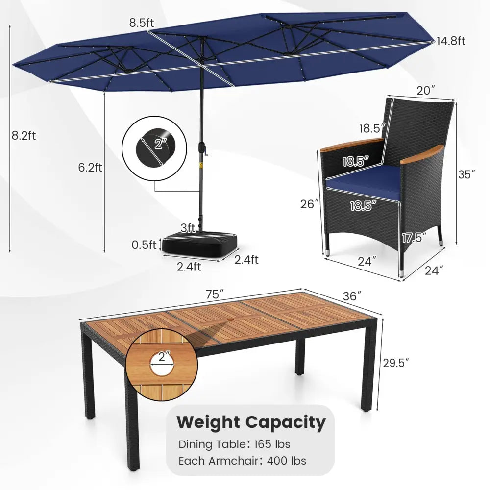 11 Pieces Patio Dining Set with LED Patio Umbrella with Base and Seat Cushions (Navy)-Navy - Navy - Patio Furniture Sets