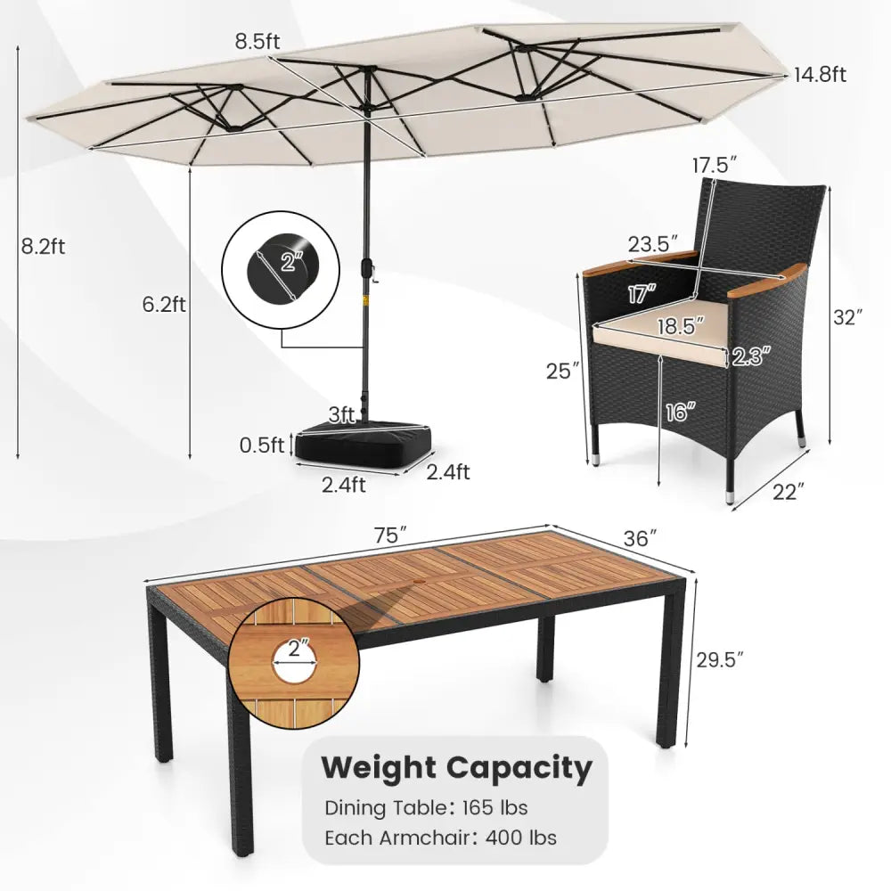 11 Pieces Patio Dining Set with LED Patio Umbrella with Base and Seat Cushions (Beige)-Beige - Beige - Patio Dining Sets