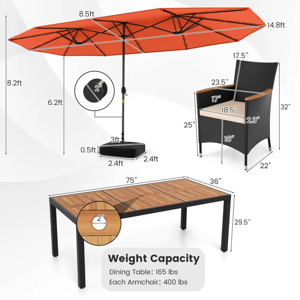 11 Pieces Patio Dining Set with LED Patio Umbrella with Base and Seat Cushions (Beige)-Orange - Orange - Patio Dining