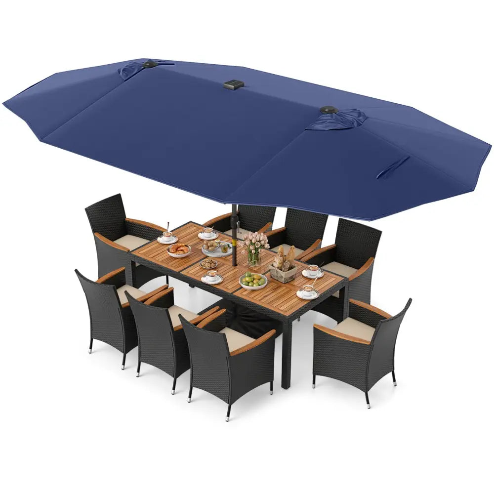 11 Pieces Patio Dining Set with LED Patio Umbrella with Base and Seat Cushions (Beige)-Navy - Navy - Patio Dining Sets
