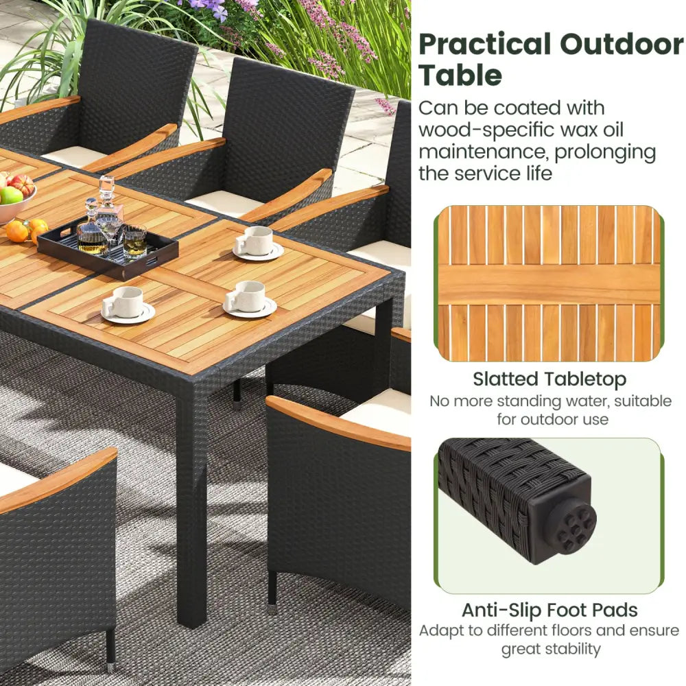 11 Pieces Patio Dining Set with LED Patio Umbrella with Base and Seat Cushions (Beige)-Beige - Beige - Patio Dining Sets