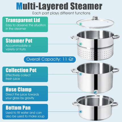 11-Quart Stainless Steel Fruit Juicer Steamer - Silver - Cookware & Bakeware