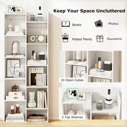 11-Tier Modern Book Organizer Bookcase with Anti-Tipping Kits-White Costway