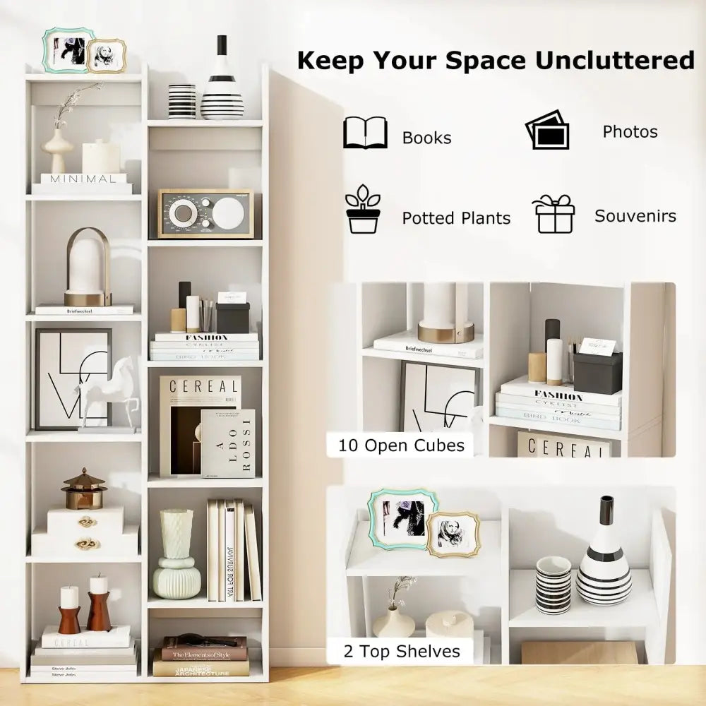 11-Tier Modern Book Organizer Bookcase with Anti-Tipping Kits-White Costway