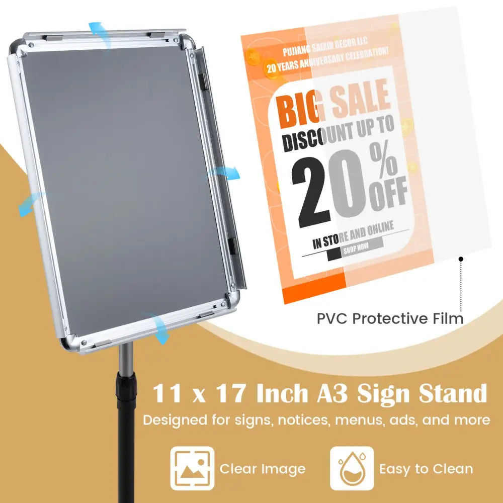 11 x 17 Inch Height Adjustable Sign Holder Stand with Snap-Open Frame-Silver - Silver - Home Office
