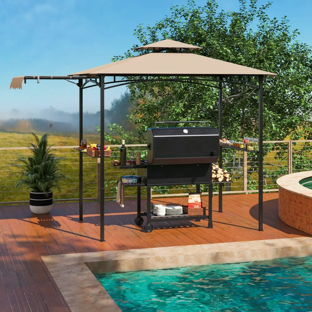 11 x 5 FT Grill Gazebo with Side Awning and Double-Tiered Top-Beige - Beige - Gazebos