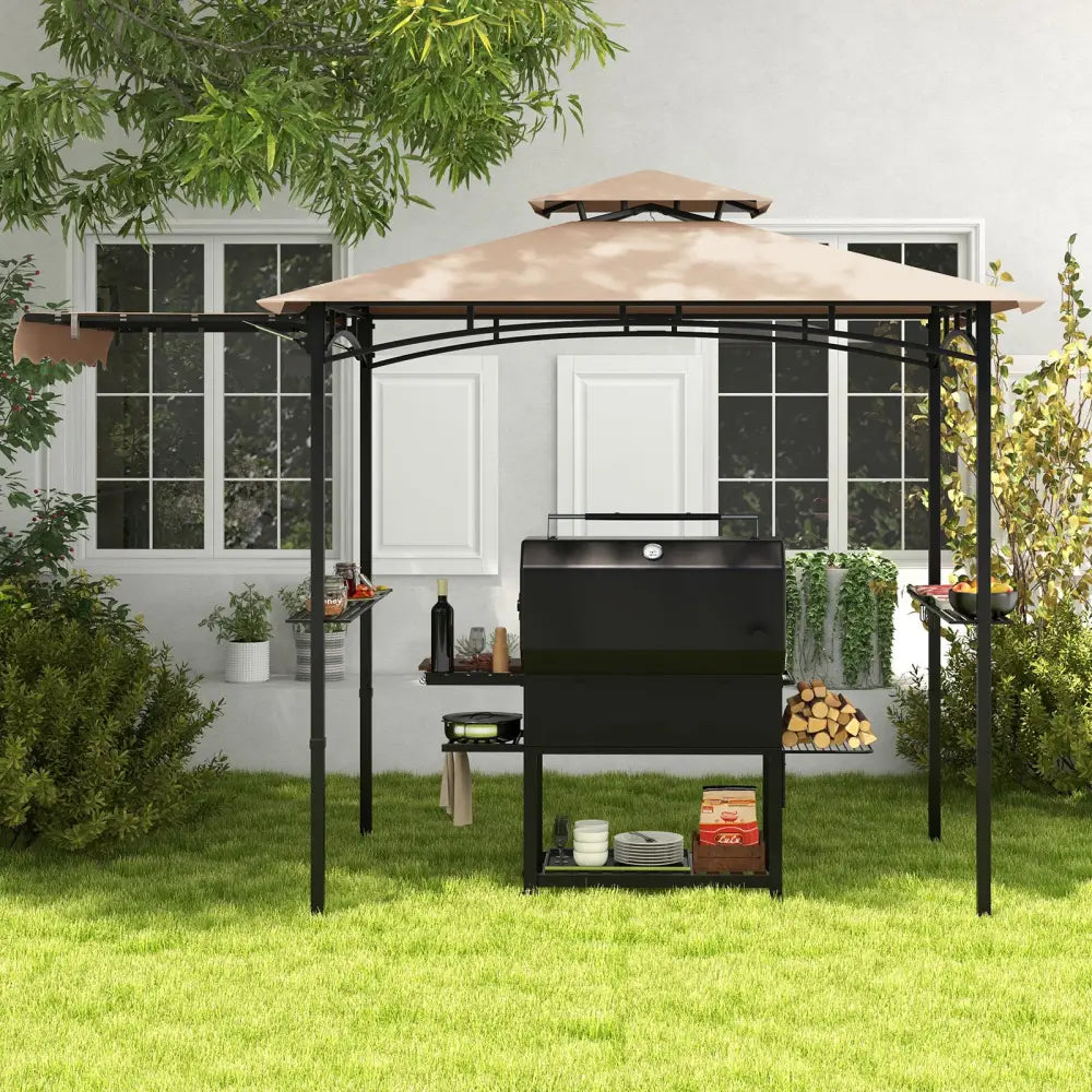 11 x 5 FT Grill Gazebo with Side Awning and Double-Tiered Top-Beige - Beige - Gazebos