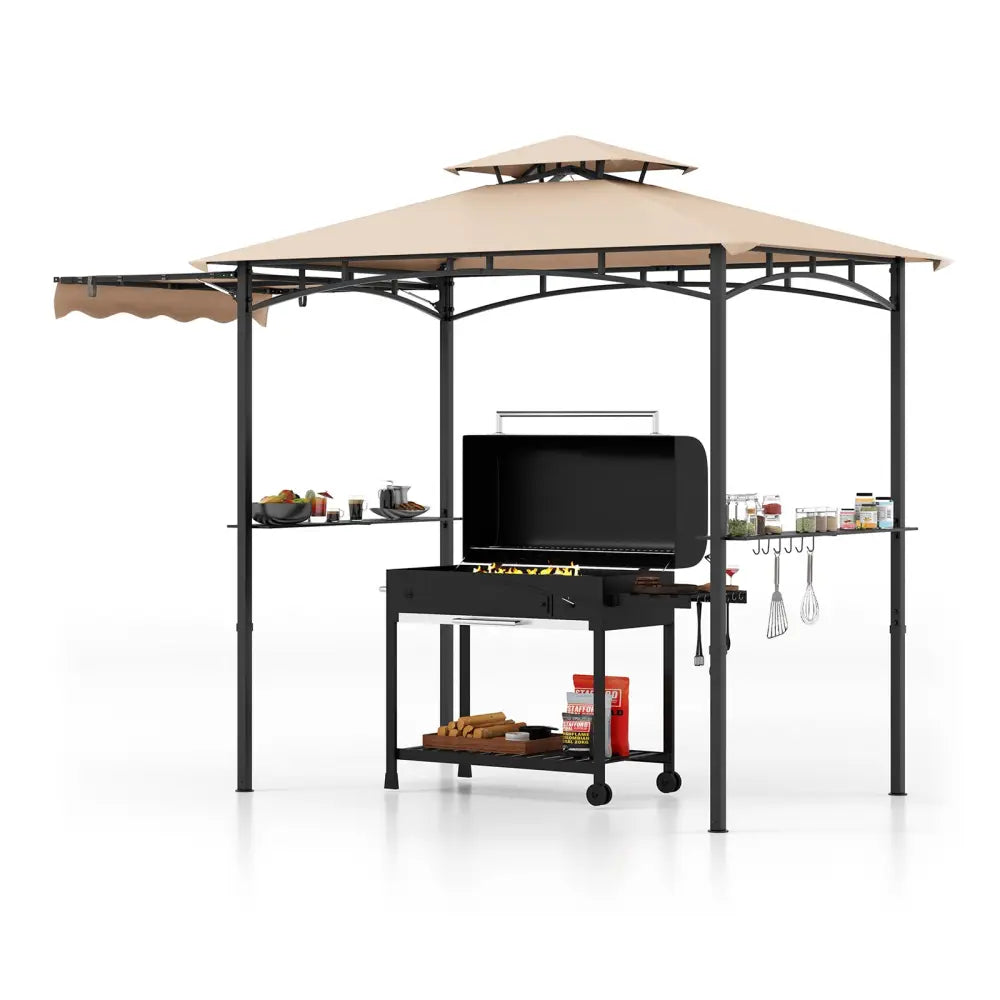 11 x 5 FT Grill Gazebo with Side Awning and Double-Tiered Top-Beige - Beige - Gazebos
