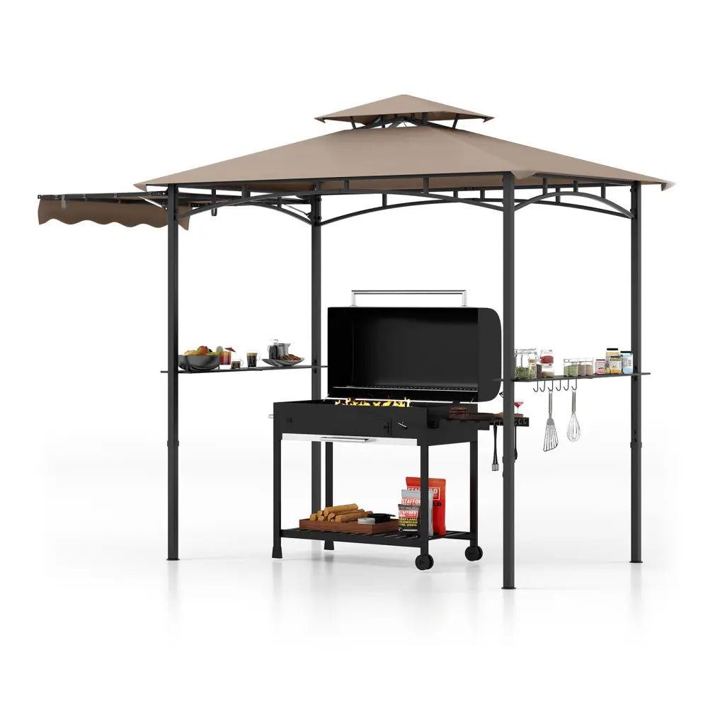 11 x 5 FT Grill Gazebo with Side Awning and Double-Tiered Top-Brown - Brown - Gazebos