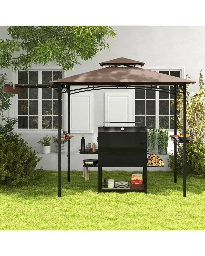 11 x 5 FT Grill Gazebo with Side Awning and Double-Tiered Top-Brown - Brown - Gazebos