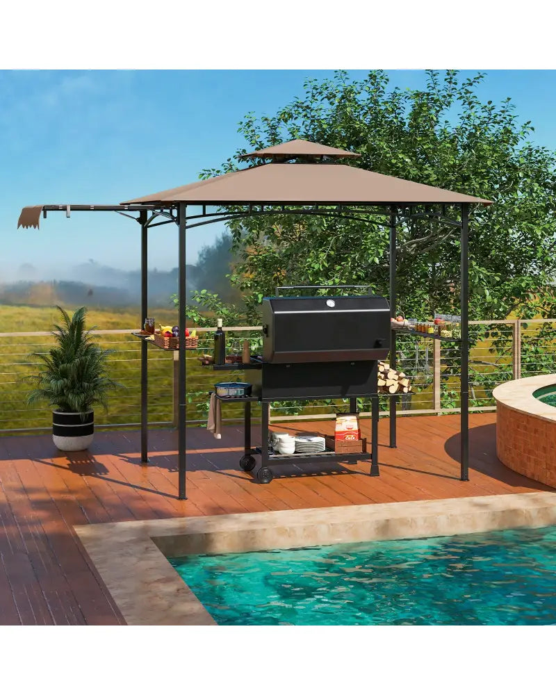 11 x 5 FT Grill Gazebo with Side Awning and Double-Tiered Top-Brown - Brown - Gazebos