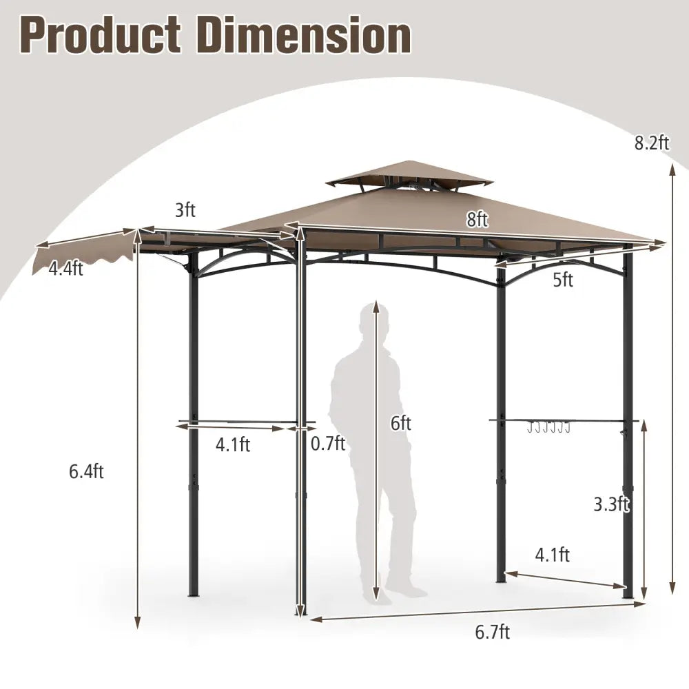 11 x 5 FT Grill Gazebo with Side Awning and Double-Tiered Top-Brown - Brown - Gazebos