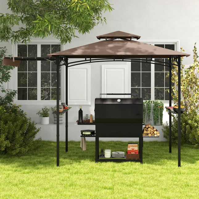 11 x 5 FT Grill Gazebo with Side Awning and Double-Tiered Top-Brown - Brown - Gazebos