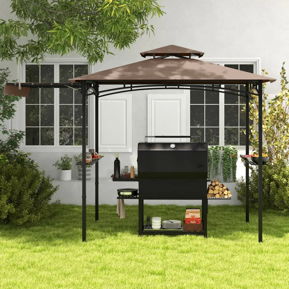 11 x 5 FT Grill Gazebo with Side Awning and Double-Tiered Top-Brown - Brown - Gazebos