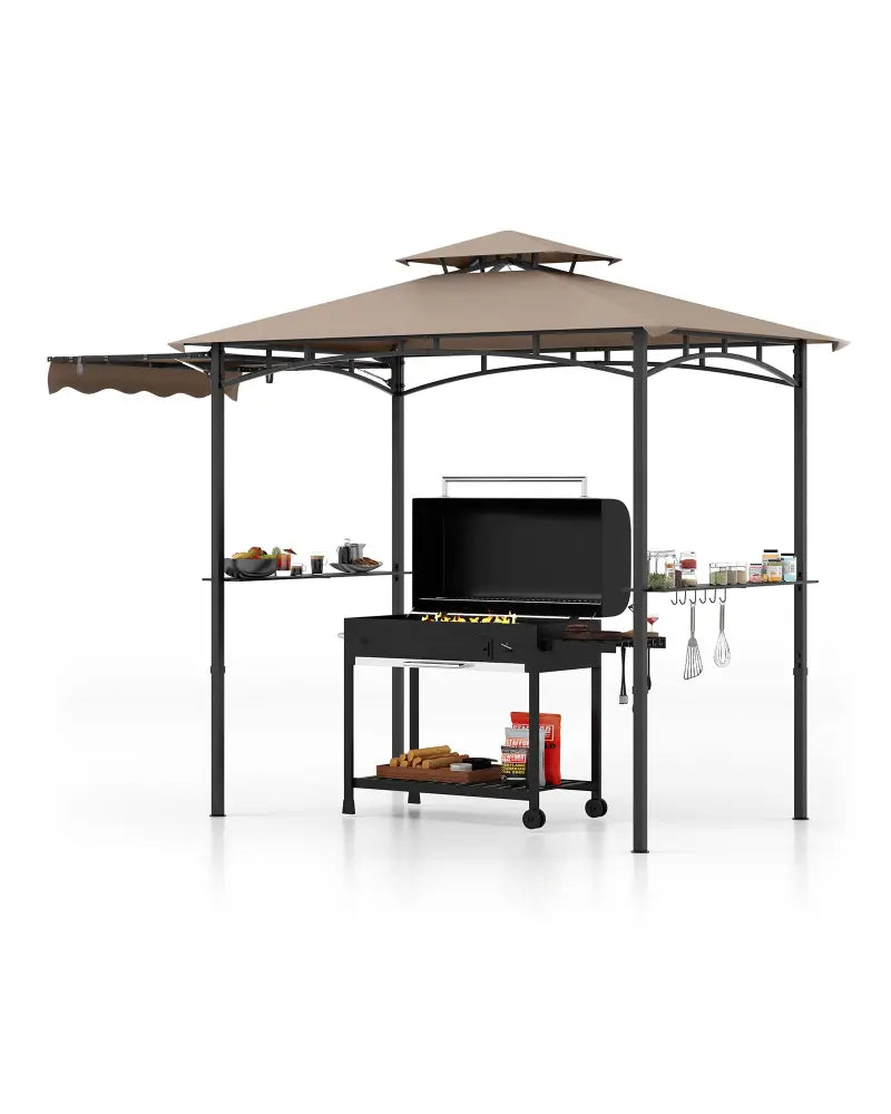 11 x 5 FT Grill Gazebo with Side Awning and Double-Tiered Top-Brown - Brown - Gazebos