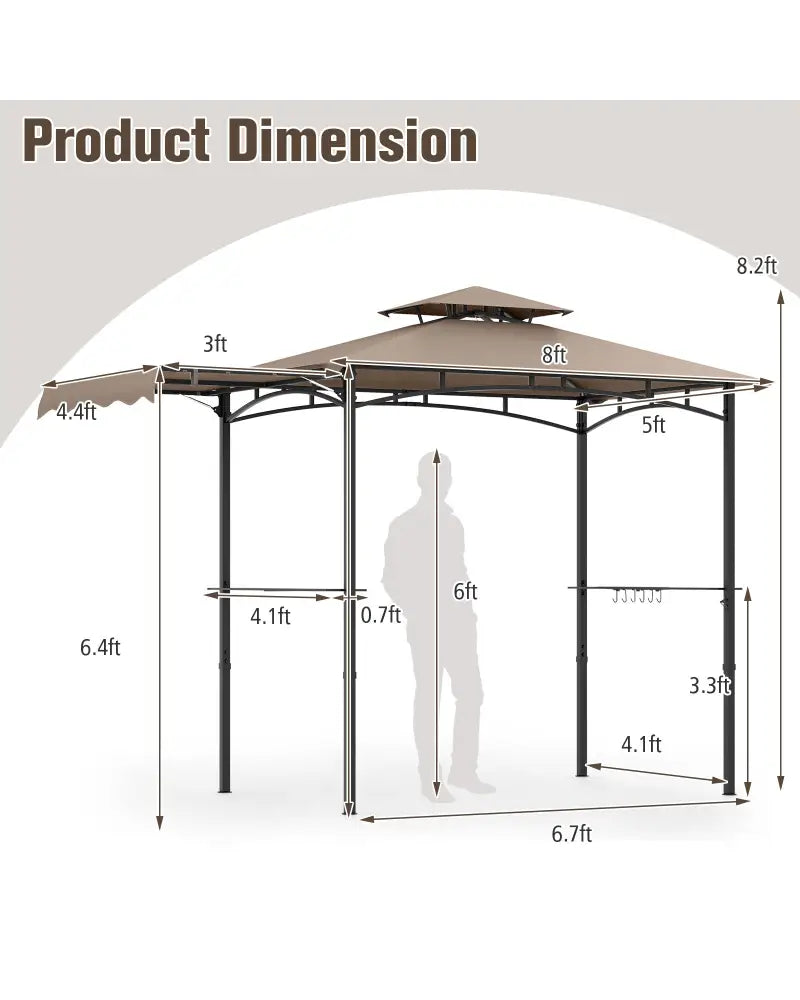 11 x 5 FT Grill Gazebo with Side Awning and Double-Tiered Top-Brown - Brown - Gazebos