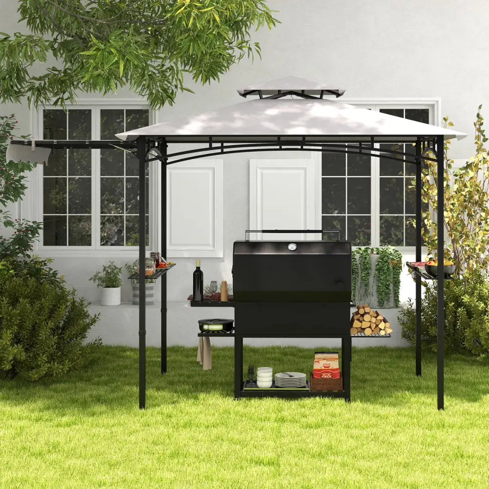 11 x 5 FT Grill Gazebo with Side Awning and Double-Tiered Top-Gray - Gray - Gazebos