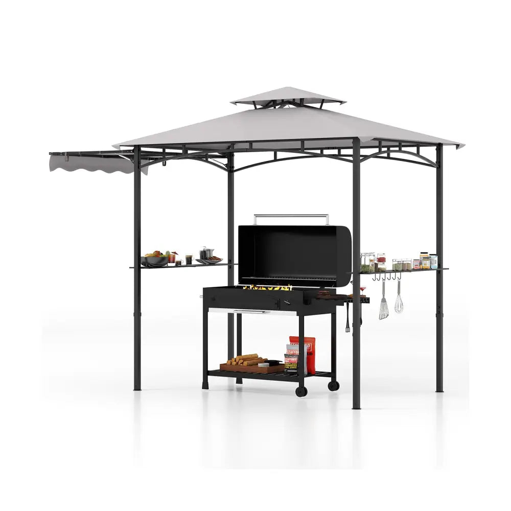 11 x 5 FT Grill Gazebo with Side Awning and Double-Tiered Top-Gray - Gray - Gazebos
