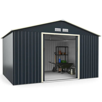 11 x 8 Feet Metal Storage Shed for Garden and Tools with 2 Lockable Sliding Doors-Gray - Gray - Sheds & Outdoor Storage