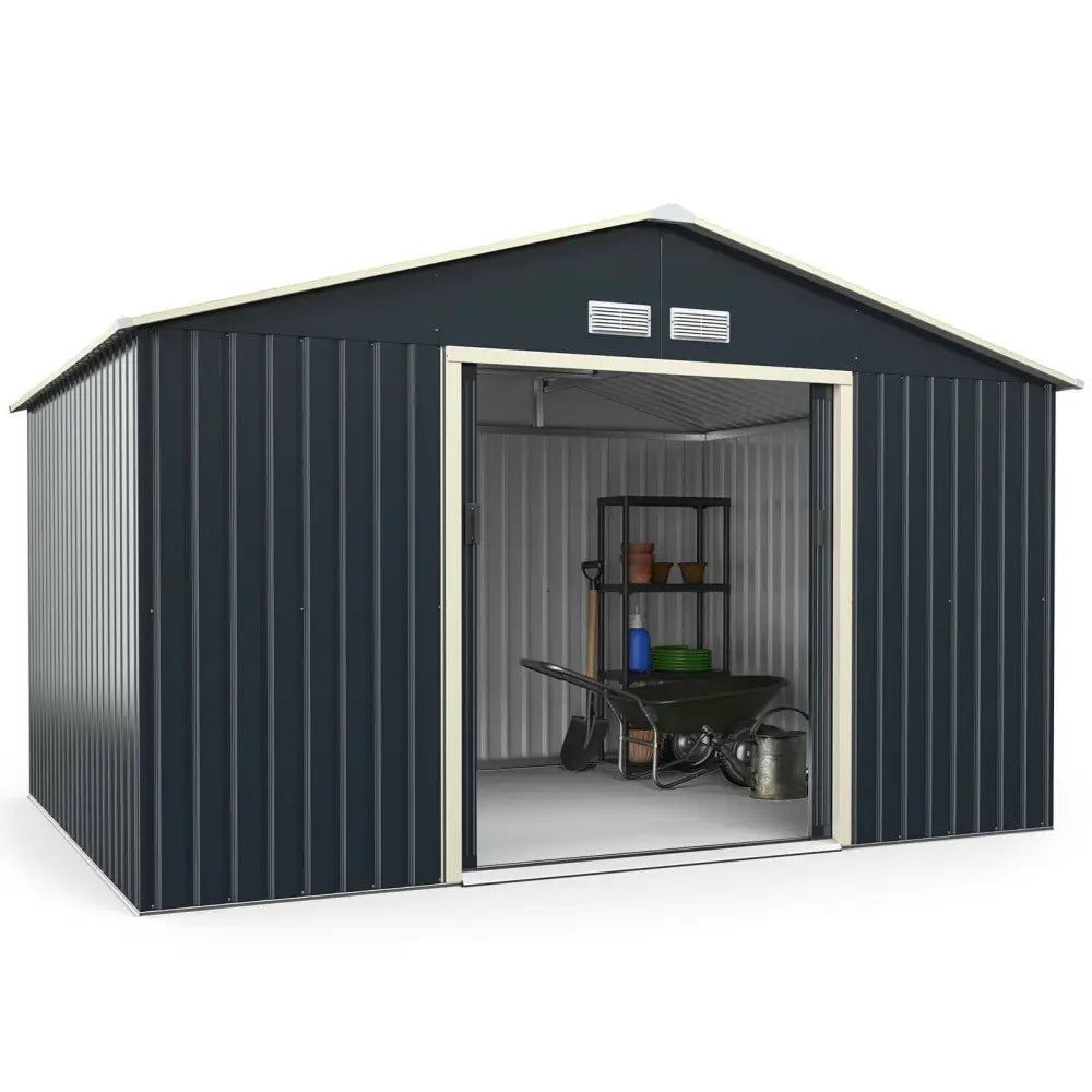 11 x 8 Feet Metal Storage Shed for Garden and Tools with 2 Lockable Sliding Doors-Gray - Gray - Sheds & Outdoor Storage