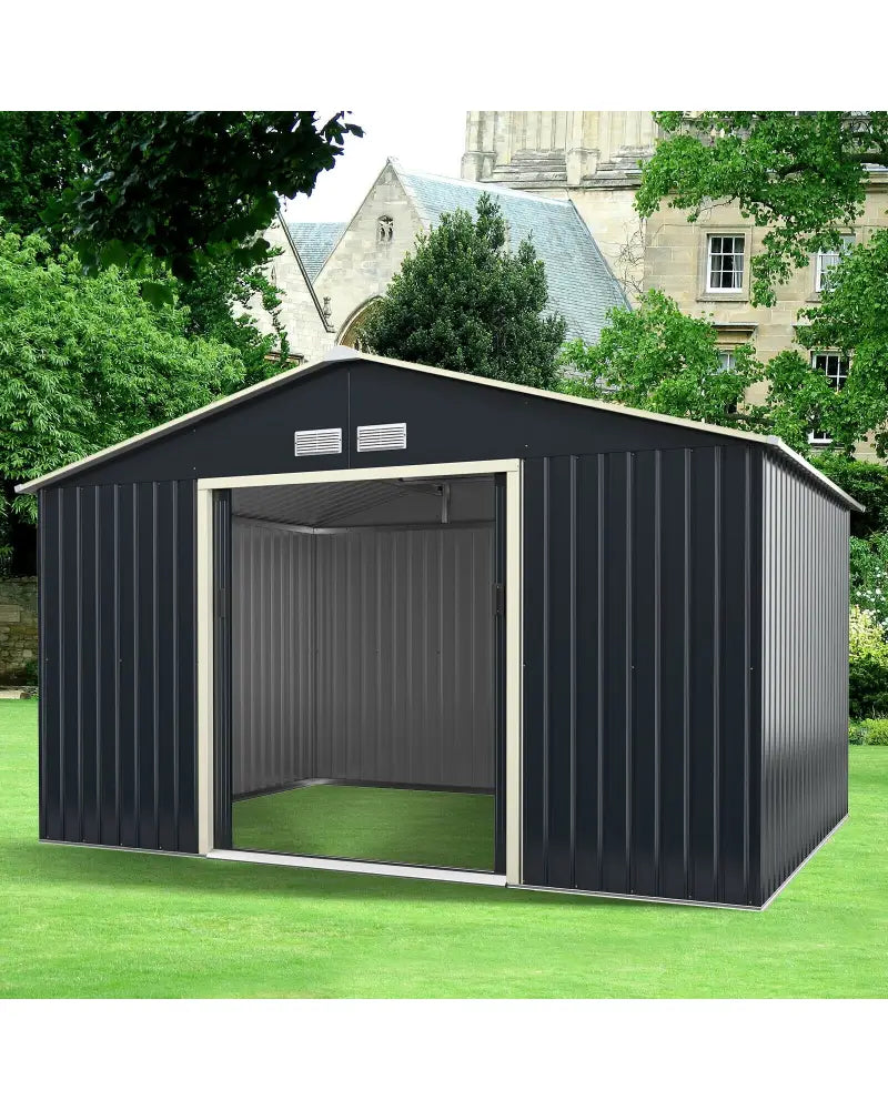 11 x 8 Feet Metal Storage Shed for Garden and Tools with 2 Lockable Sliding Doors-Gray - Gray - Sheds & Outdoor Storage