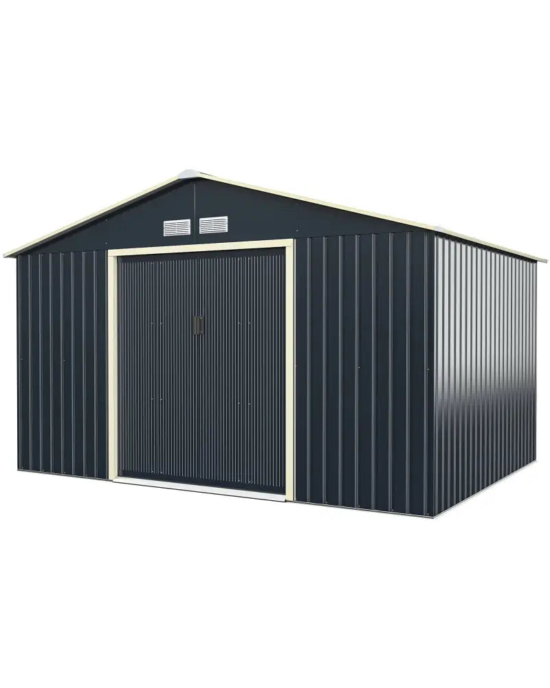 11 x 8 Feet Metal Storage Shed for Garden and Tools with 2 Lockable Sliding Doors-Gray - Gray - Sheds & Outdoor Storage