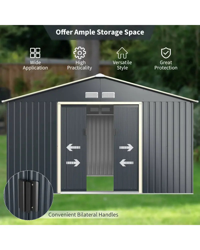 11 x 8 Feet Metal Storage Shed for Garden and Tools with 2 Lockable Sliding Doors-Gray - Gray - Sheds & Outdoor Storage
