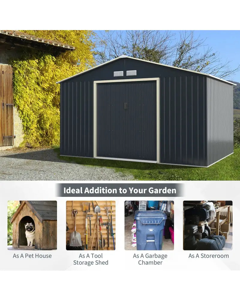 11 x 8 Feet Metal Storage Shed for Garden and Tools with 2 Lockable Sliding Doors-Gray - Gray - Sheds & Outdoor Storage