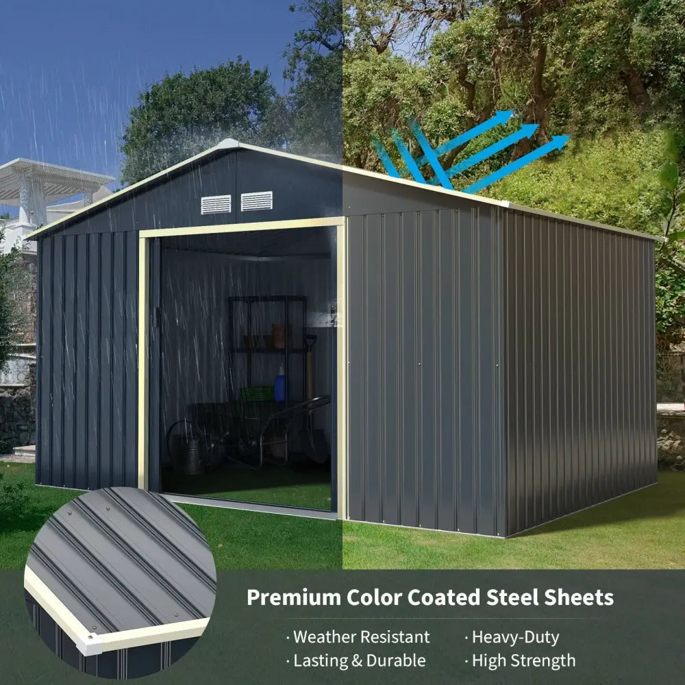 11 x 8 Feet Metal Storage Shed for Garden and Tools with 2 Lockable Sliding Doors-Gray - Gray - Sheds & Outdoor Storage
