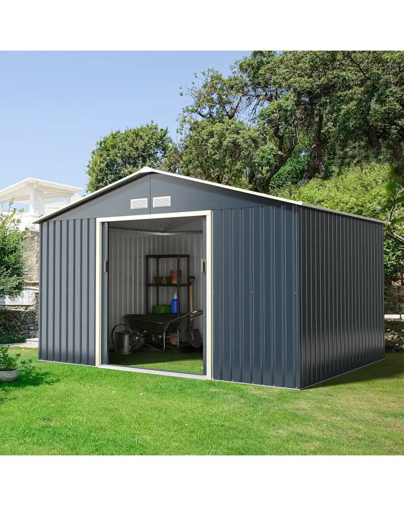 11 x 8 Feet Metal Storage Shed for Garden and Tools with 2 Lockable Sliding Doors-Gray - Gray - Sheds & Outdoor Storage