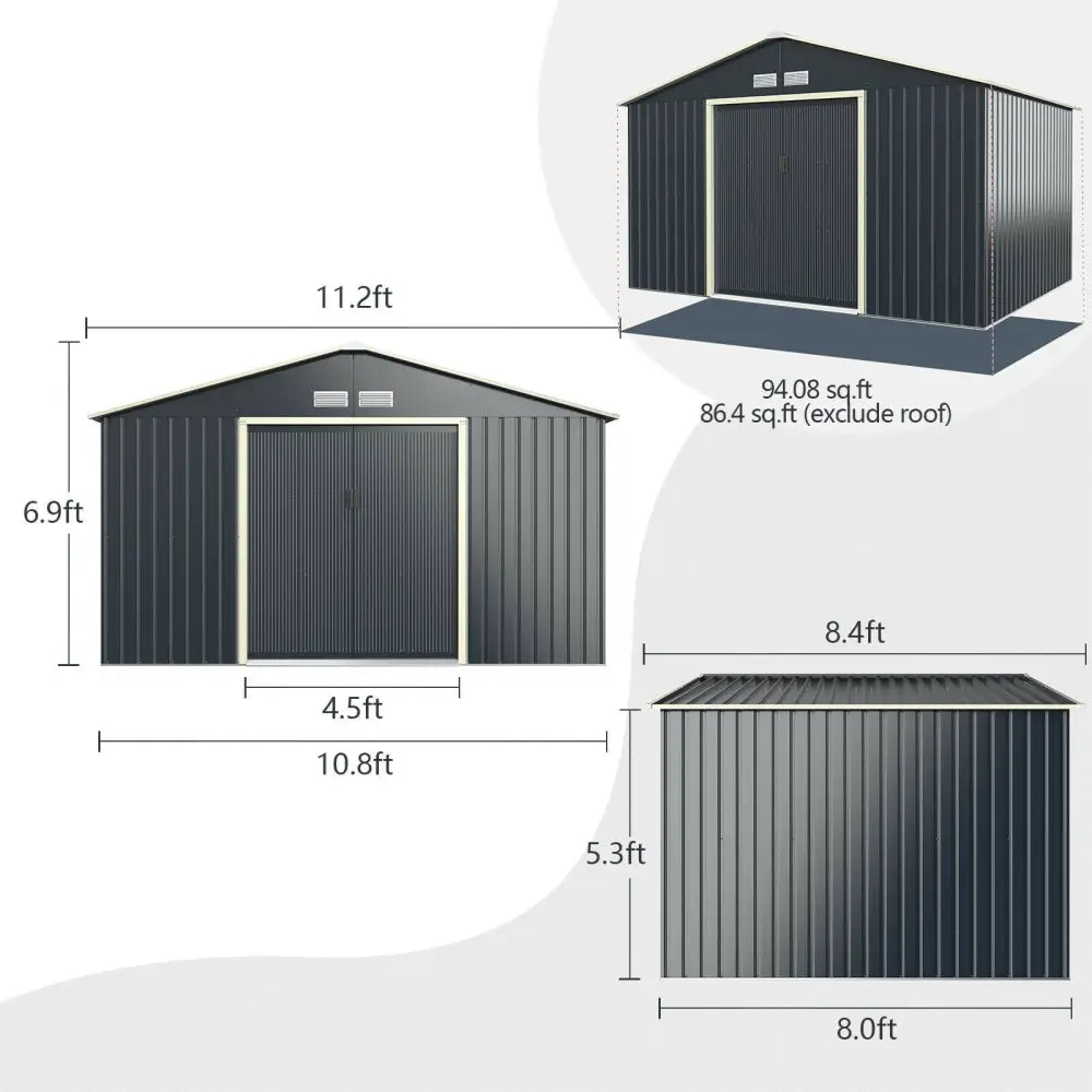 11 x 8 Feet Metal Storage Shed for Garden and Tools with 2 Lockable Sliding Doors-Gray - Gray - Sheds & Outdoor Storage