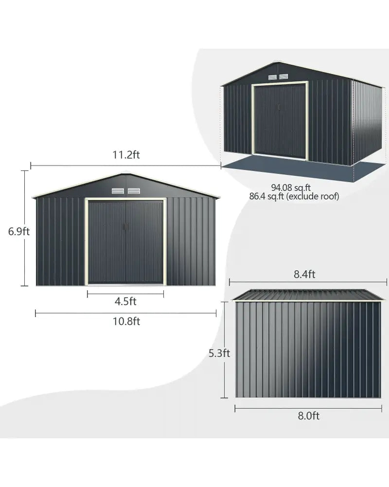 11 x 8 Feet Metal Storage Shed for Garden and Tools with 2 Lockable Sliding Doors-Gray - Gray - Sheds & Outdoor Storage