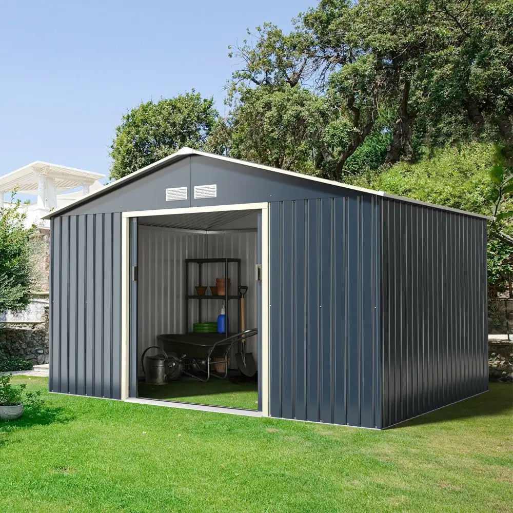 11 x 8 Feet Metal Storage Shed for Garden and Tools with 2 Lockable Sliding Doors-Gray - Gray - Sheds & Outdoor Storage
