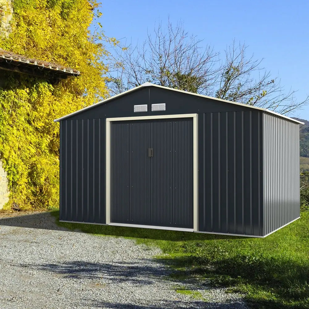 11 x 8 Feet Metal Storage Shed for Garden and Tools with 2 Lockable Sliding Doors-Gray - Gray - Sheds & Outdoor Storage