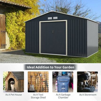 11 x 8 Feet Metal Storage Shed for Garden and Tools with 2 Lockable Sliding Doors-Gray - Gray - Sheds & Outdoor Storage