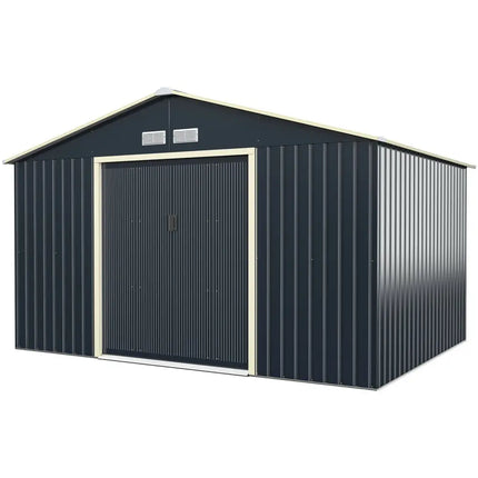 11 x 8 Feet Metal Storage Shed for Garden and Tools with 2 Lockable Sliding Doors-Gray - Gray - Sheds & Outdoor Storage