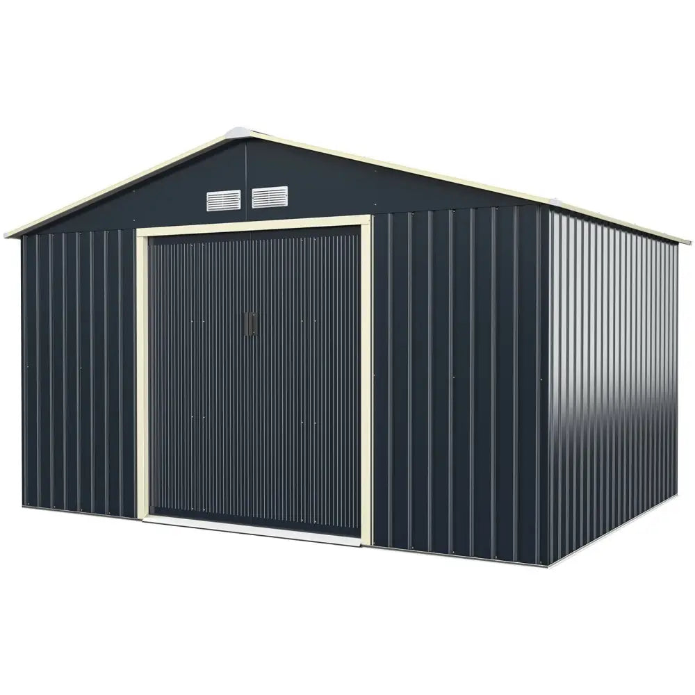 11 x 8 Feet Metal Storage Shed for Garden and Tools with 2 Lockable Sliding Doors-Gray - Gray - Sheds & Outdoor Storage
