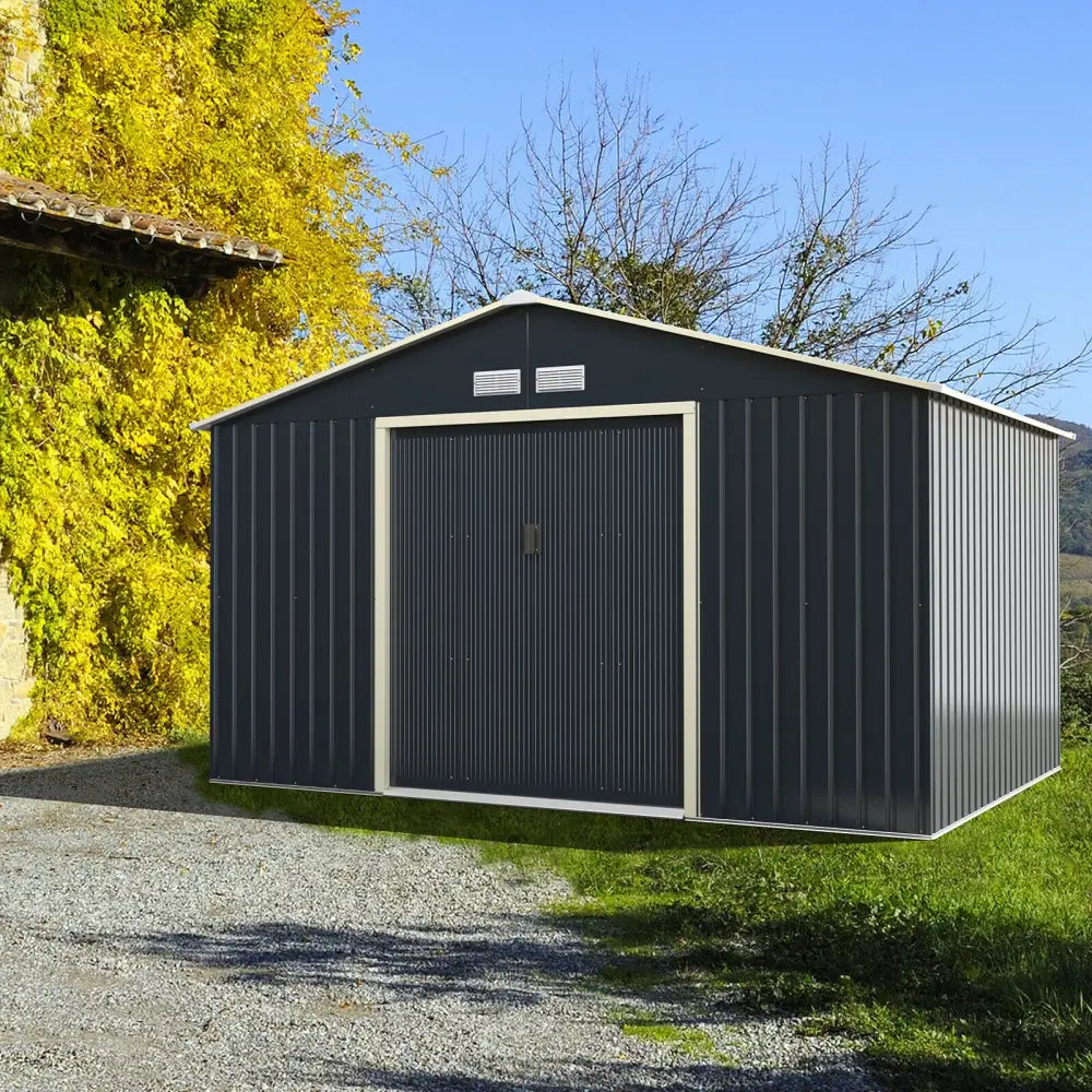 11 x 8 Feet Metal Storage Shed for Garden and Tools with 2 Lockable Sliding Doors-Gray - Gray - Sheds & Outdoor Storage