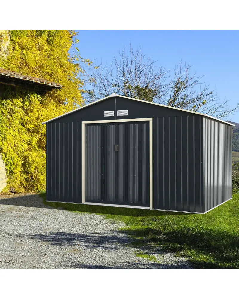11 x 8 Feet Metal Storage Shed for Garden and Tools with 2 Lockable Sliding Doors-Gray - Gray - Sheds & Outdoor Storage