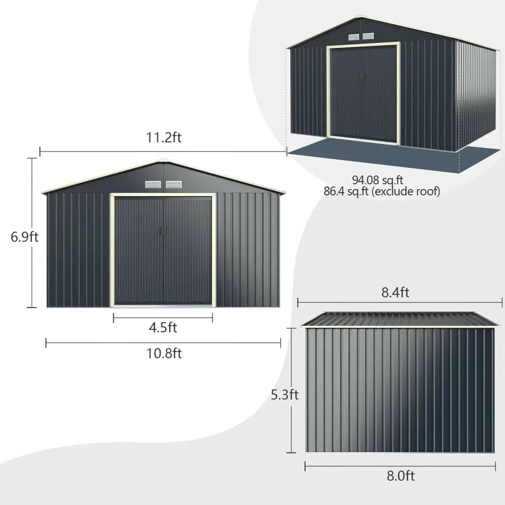 11 x 8 Feet Metal Storage Shed for Garden and Tools with 2 Lockable Sliding Doors-Gray - Gray - Sheds & Outdoor Storage
