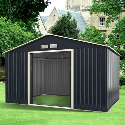 11 x 8 Feet Metal Storage Shed for Garden and Tools with 2 Lockable Sliding Doors-Gray - Gray - Sheds & Outdoor Storage
