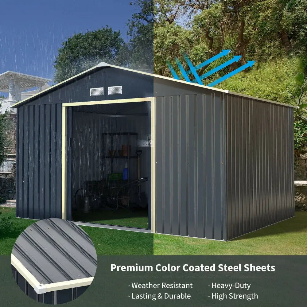 11 x 8 Feet Metal Storage Shed for Garden and Tools with 2 Lockable Sliding Doors-Gray - Gray - Sheds & Outdoor Storage