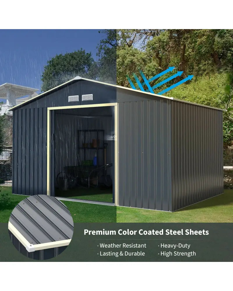 11 x 8 Feet Metal Storage Shed for Garden and Tools with 2 Lockable Sliding Doors-Gray - Gray - Sheds & Outdoor Storage