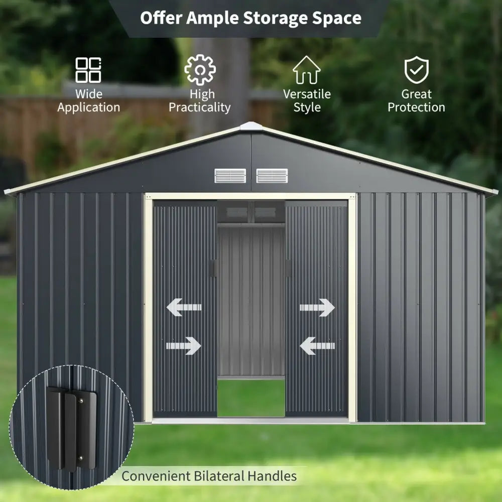 11 x 8 Feet Metal Storage Shed for Garden and Tools with 2 Lockable Sliding Doors-Gray - Gray - Sheds & Outdoor Storage