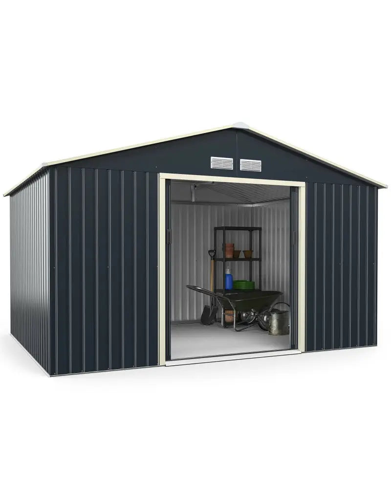 11 x 8 Feet Metal Storage Shed for Garden and Tools with 2 Lockable Sliding Doors-Gray - Gray - Sheds & Outdoor Storage