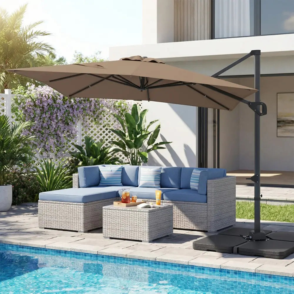 11 x 9 FT Aluminum Pole Outdoor Offset Hanging Umbrella with 220 LBS Base-Brown - Brown - Outdoor Umbrellas