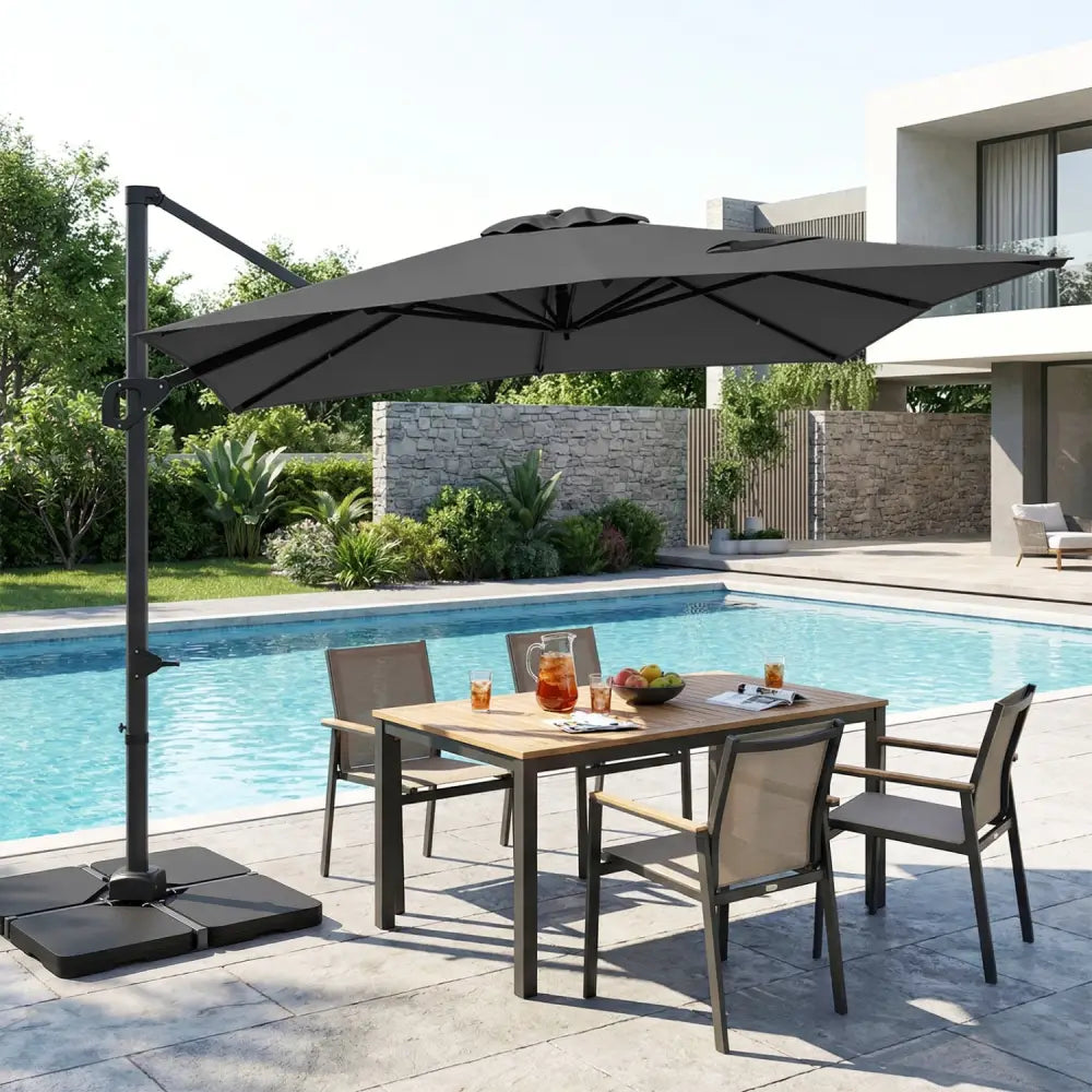 11 x 9 FT Aluminum Pole Outdoor Offset Hanging Umbrella with 220 LBS Base-Gray - Gray - Outdoor Umbrellas